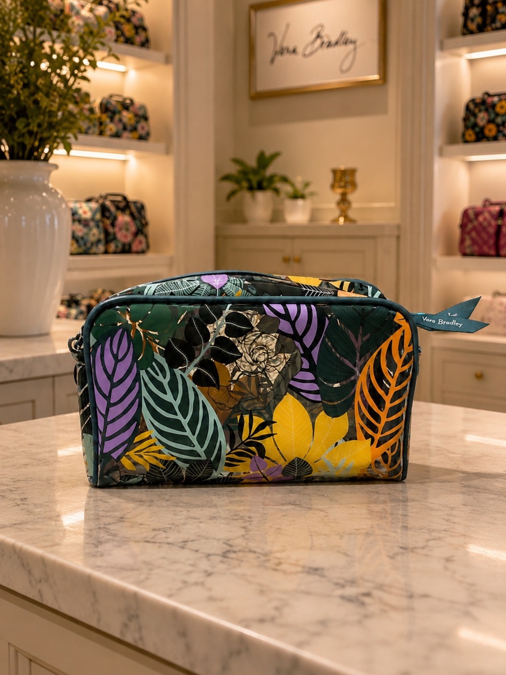 Vera Bradley Tropical Leaf Print Cosmetic Case in Yellow, Purple, Teal, Black